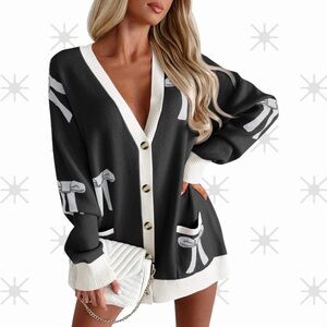 Black and White Bow Cardigan with Pockets